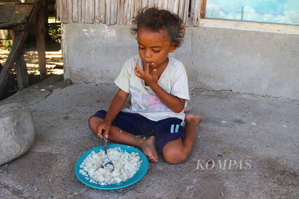 Seorang anak makan nasi putih di perumahan eks pengungsi Timor Timur di Oebelo, Kabupaten Kupang, Nusa Tenggara Timur, Jumat (14/2/2020). 