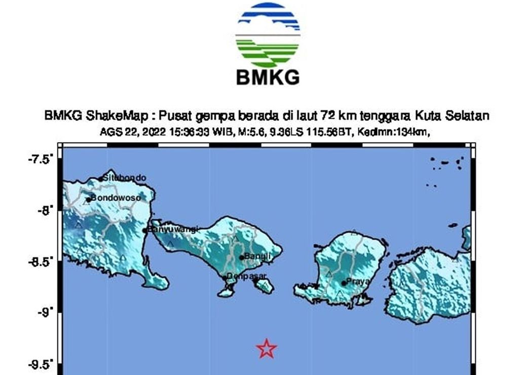 Peta Bali dengan episenter gempa bumi bermagnitudo 5,6 yang terjadi Senin (22/8/2022) pukul 16.36 Wita. 