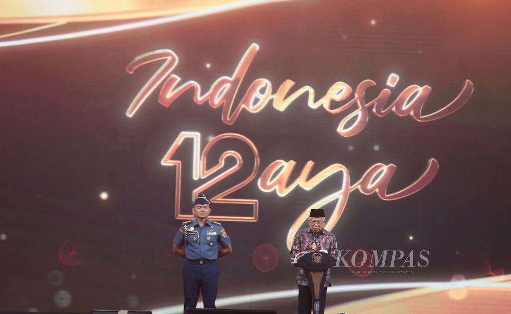 Wakil Presiden (Wapres) Ma'ruf Amin memberikan sambutan saat perayaan hari ulang tahun ke-12 Kompas TV di Jakarta, Senin (11/9/2023). Hadir dalam perayaan ini Presiden kelima RI Megawati Soekarnoputri, Wakil Presiden kesepuluh dan keduabelas Jusuf Kalla, Wakil Presiden kesebelas Budiono, menteri-menteri kabinet Indonesia Maju, Ketua MPR Bambang Soesatyo, Kapolri Jendral (pol) Listyo Sigit Prabowo, Panglima TNI Laksamana Yudo Margono, bakal calon presiden Anies Baswedan, dan tokoh-tokoh nasional lainnya. 