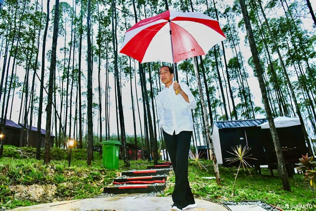 Presiden Joko Widodo menikmati pagi di Ibu Kota Nusantara, Provinsi Kalimantan Timur, Jumat (24/2/2023). Semalam, Presiden dan Ibu Iriana bermalam di kabin yang disiapkan untuk <i>glamping</i> di IKN. 