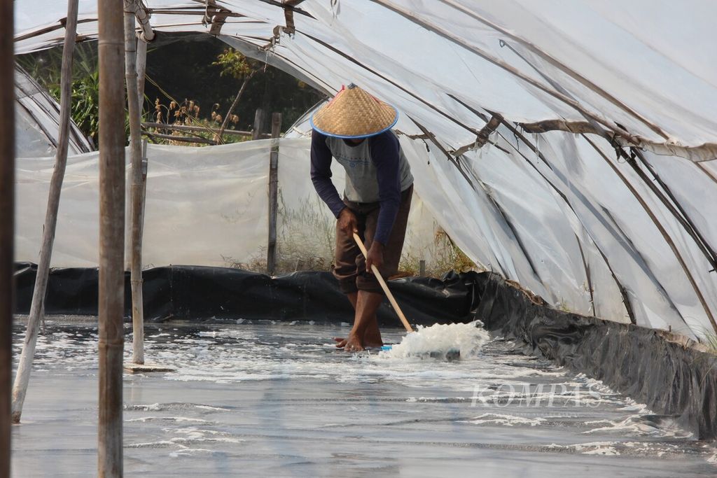 Muhammad Hatta (53), petani garam di Desa Pasi, Kecamatan Lhoong, Kabupaten Aceh Besar, Aceh, Minggu (21/5/2023), bekerja di lokasi produksi garam menggunakan sistem geomembran. Dengan sistem ini, proses produksi garam lebih mudah dan hasilnya lebih banyak. Garam milik Hatta dipasarkan untuk wilayah Lhoong dan sekitarnya.