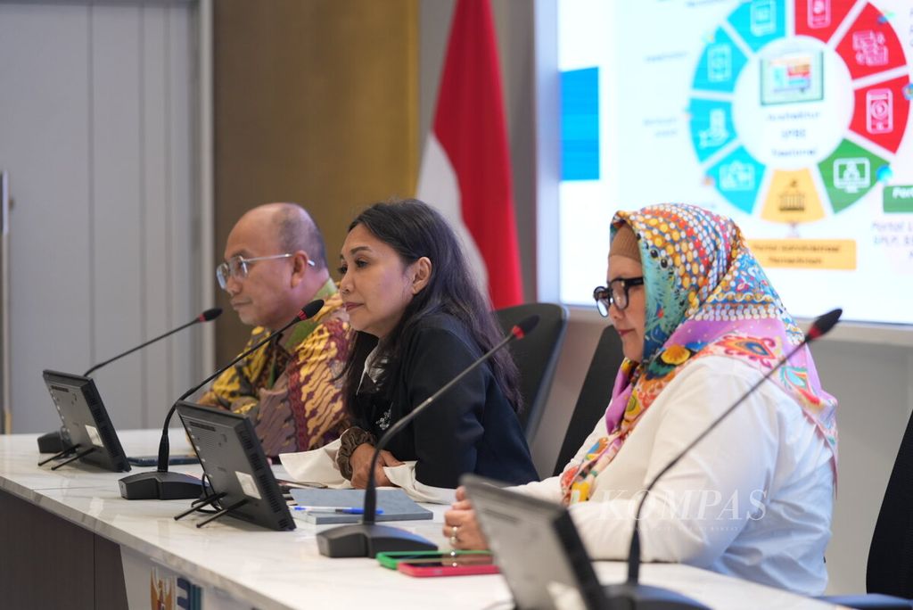 (From left to right) Head of the Public Relations and Strategic Support Facilitation Bureau of the Ministry of State-Owned Enterprises, Rachman Ferry Isfianto, CEO of the State-Owned Printing Company of the Republic of Indonesia (Perum Peruri), Dwina Septiani, and Director of Digital Business of Perum Peruri, Farah Fitria Rahmayanti, held a press conference regarding the development of the INA Digital "super app" in Jakarta on Thursday (25/4/2024).