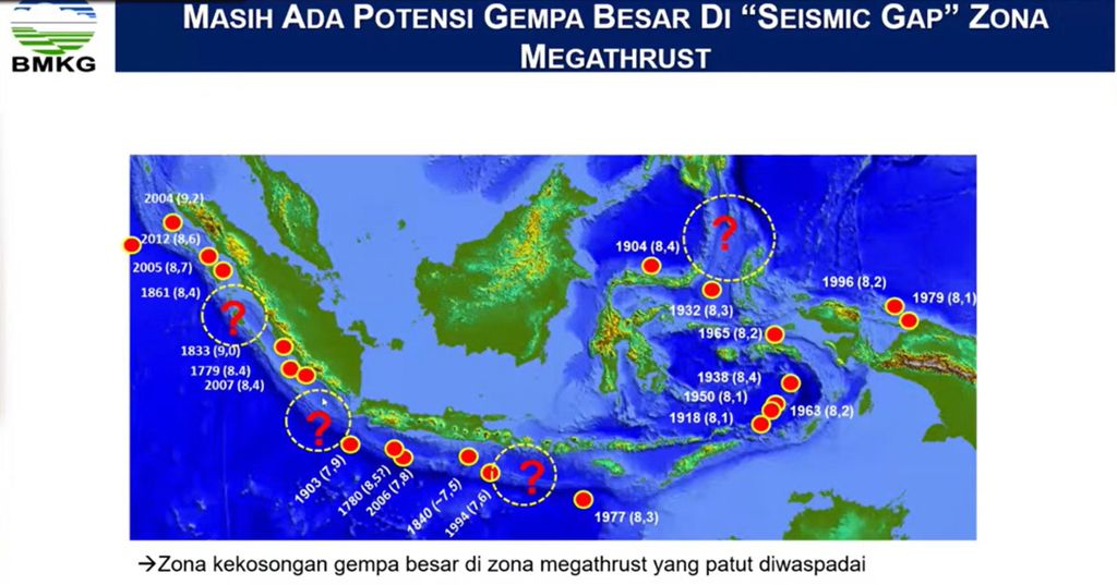 Wilayah zona <i>megathrust</i> di Indonesia yang pernah dan belum mencatatkan gempa besar. 
