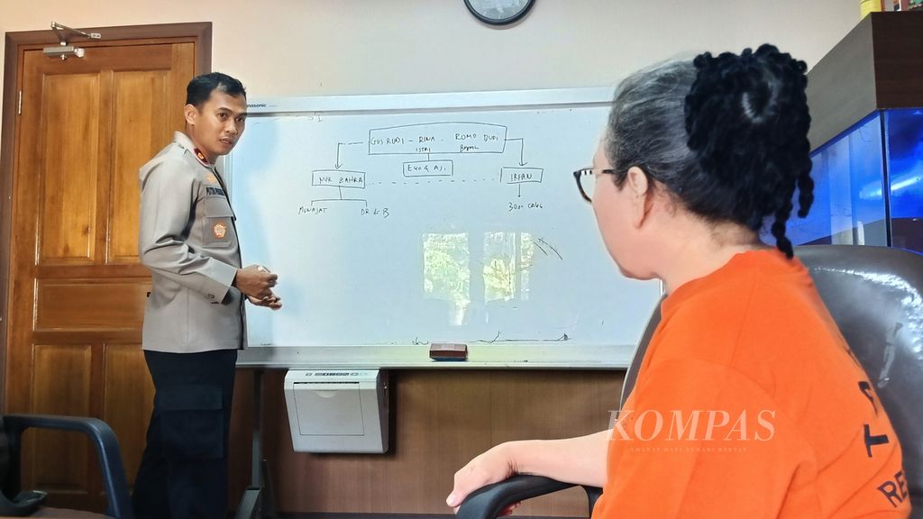 Kepala Polsek Tambora Komisaris Putra Pratama memeriksa tersangka tindak pidana penipuan NZ (52) di Polsek Tambora, Jakarta Barat, Senin (13/11/2023). 