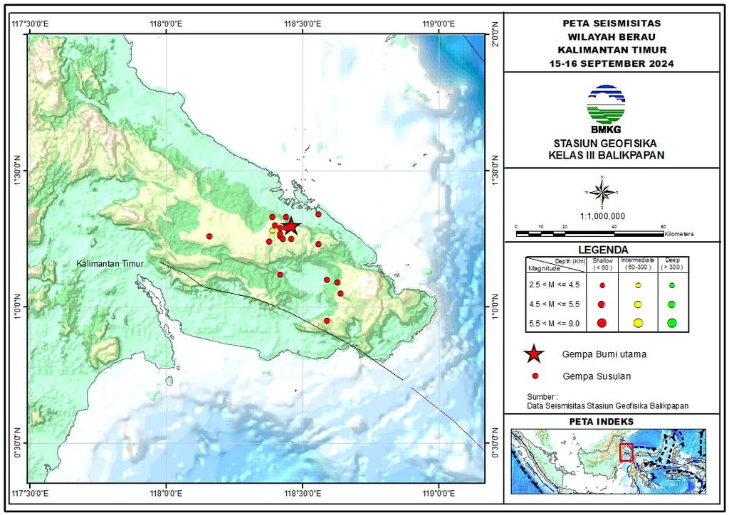 Rentetan gempa Kalimantan Timur pada Minggu (15/9/2024) hingga Senin (16/9/2024). Gempa ini diduga berasal dari Sesar Mangkalihat. 