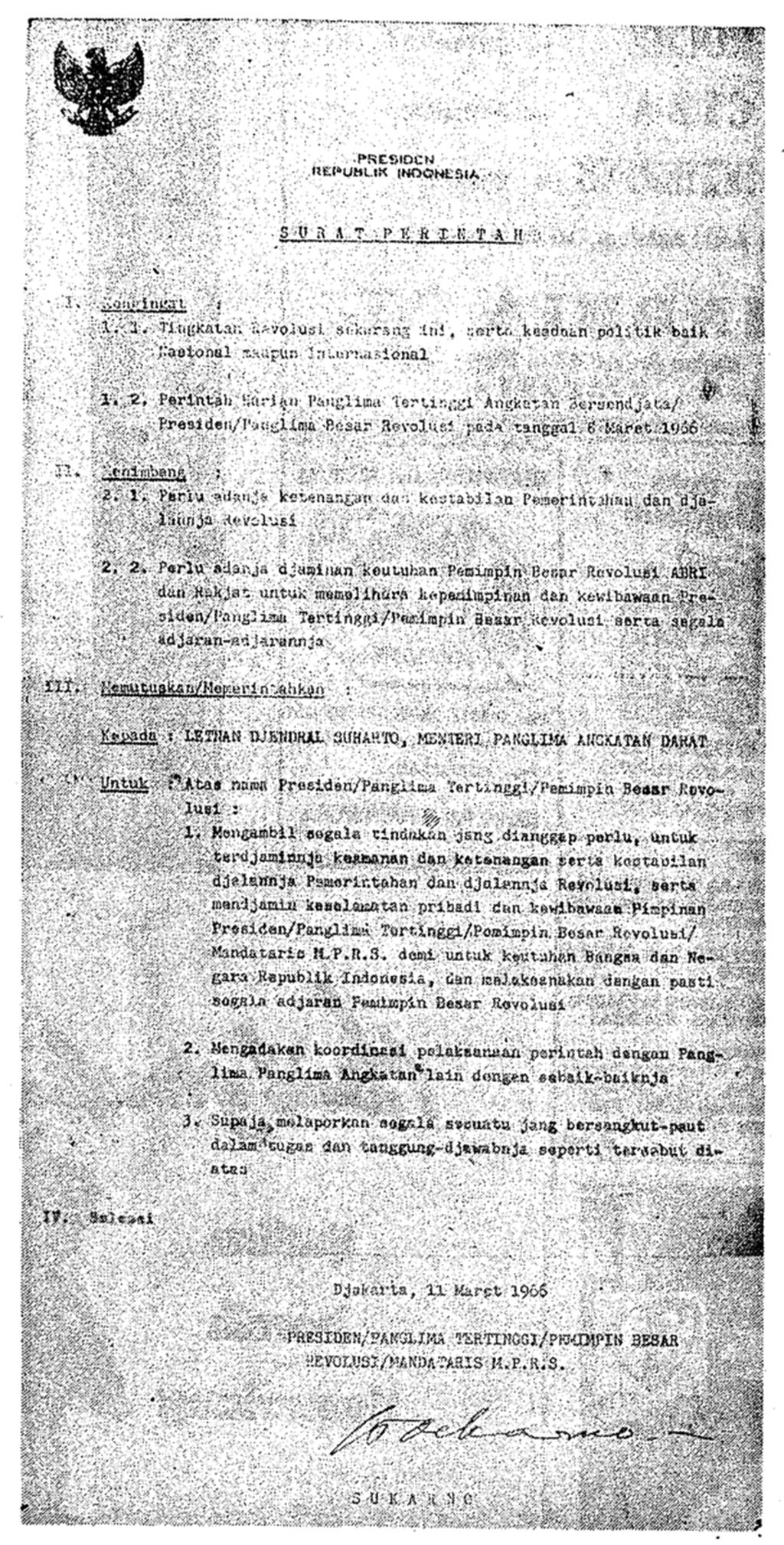 Salinan naskah Supersemar (Surat Perintah Sebelas Maret) 1966 yang dimuat di Kompas, 14 Maret 1966, hlm 3.