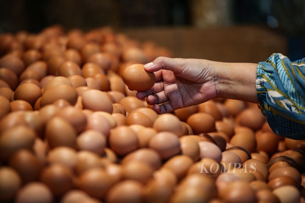 Pengunjung memilih telur ayam ras di Pasar Kebayoran Lama, Jakarta Selatan, Senin (1/4/2024).