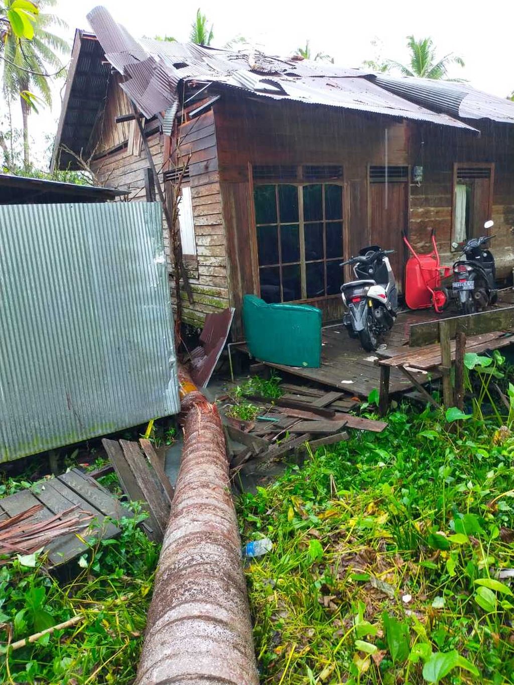 Sebuah rumah di Mantangai Tengah, Kabupaten Kapuas, Kalteng, rusak akibat diterjang puting beliung dan pohon tumbang pada Selasa (22/2/2022).