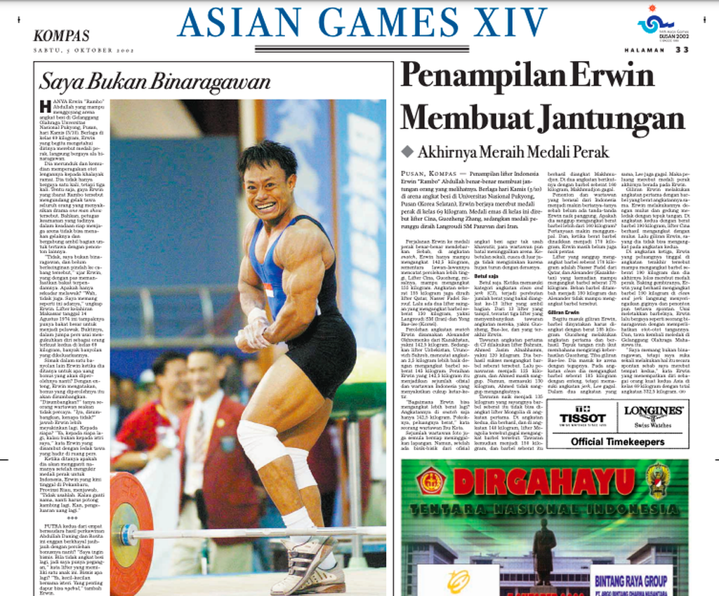 <i>Kompas</i> edisi 5 Oktober 2002 yang memberitakan prestasi lifter Erwin Abdullah di Asian Games Busan.