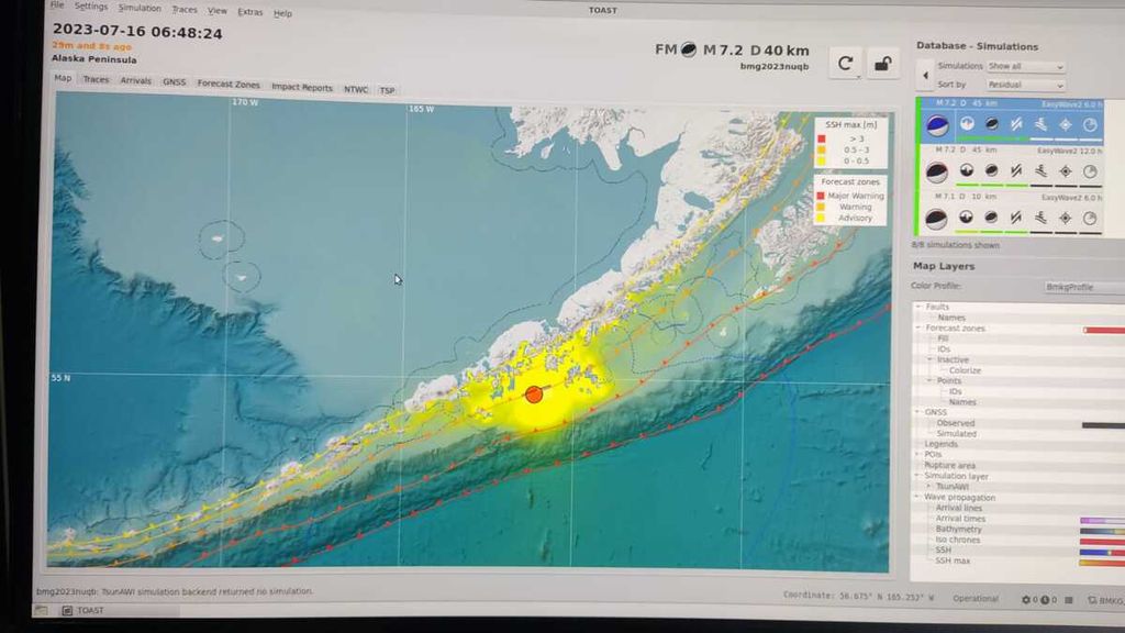 Gempa berkekuatan M 7,2 mengguncang wilayah Semenanjung Alaska pada Minggu (16/7/2023) pukul 02.48 waktu setempat atau Minggu, 13.48 WIB. Peringatan dini tsunami dikeluarkan untuk wilayah Alaska. Berdasarkan hasil pemodelan tsunami BMKG, gempa ini tidak berpotensi menimbulkan tsunami di wilayah Indonesia. 