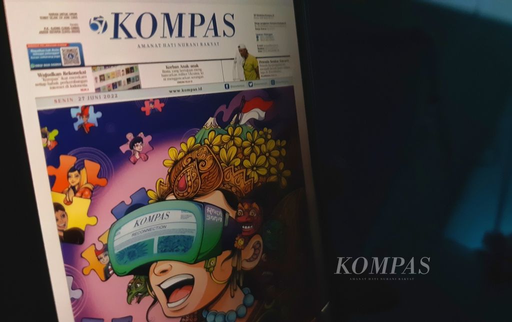 Screenshot of the front page of the Monday edition of the <i>Kompas</i> daily e-paper (27/6/2022) when viewed from the Kompas.id application. This edition features a special cover page collaborating with artist Raka Jana in a non-fungible token (NFT) format.