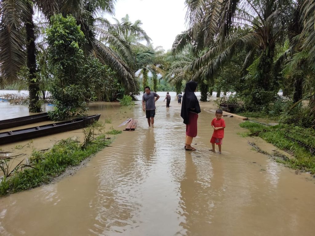 Sejumlah desa di Kabupaten Aceh Tamiang, Provinsi Aceh, tergenang banjir luapan, Selasa (1/11/2022). Sebagian kawasan yang tergenang kini mulai surut. Banjir luapan biasanya tidak berlangsung lama, tetapi potensinya terus berulang. Banjir kian sering terjadi selain karena cuaca ekstrem, juga karena degradasi lingkungan.