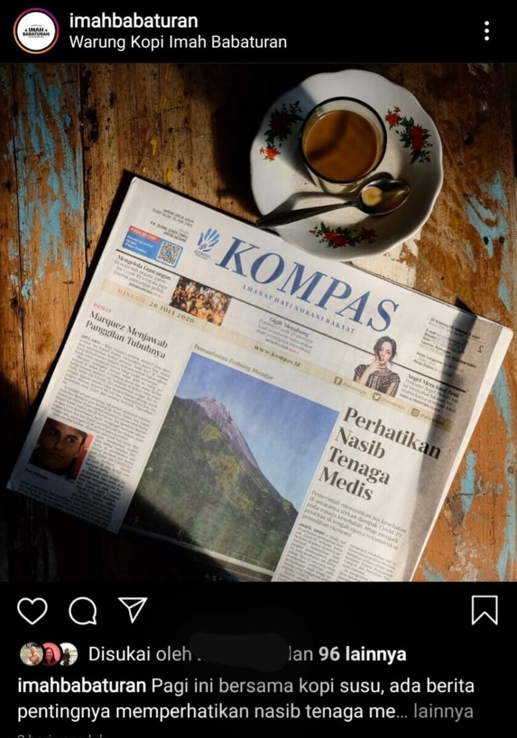 Tangkapan layar dari akun Instagram @imahbabaturan yang diambil di Bandung (28/7/2020). Warung Kopi Imah Babaturan membagikan koran untuk 30 pelanggan pertama setiap hari Sabtu dan Minggu. Hal tersebut dilakukan sebagai bentuk promosi unik dari tempat makan ini sekaligus untuk meningkatkan minat baca masyarakat.