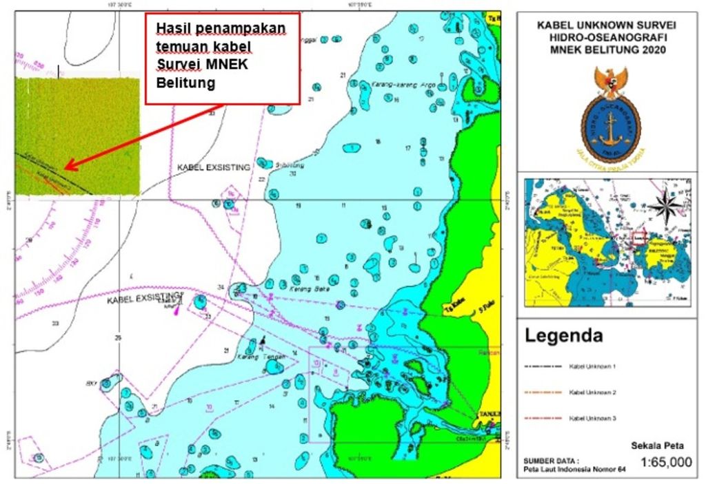 Pusat Hidrografi dan Oseanografi TNI AL (Pushidrosal) menemukan kabel bawah laut tak bertuan di perairan Selat Gelasa, Pulau Belitung. Keberadaan kabel ini tak diketahui pemilik dan kegunaannya.