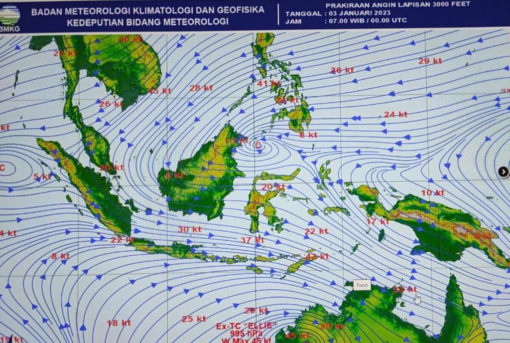 Tangkapan layar dari tayangan prakiraan angin dari Badan Meteorologi, Klimatologi, dan Geofisika (BMKG). Angin sangat kencang melanda wilayah Bali, Senin (2/1/2023) menjelang sore.