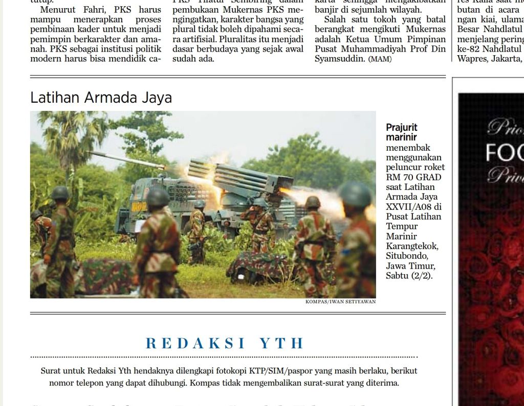 Berita foto Latihan Armada Jaya di Puslatpur Karangtekok, Situbondo, keluar di koran <i>Kompas</i> edisi Minggu (3/2/2008).