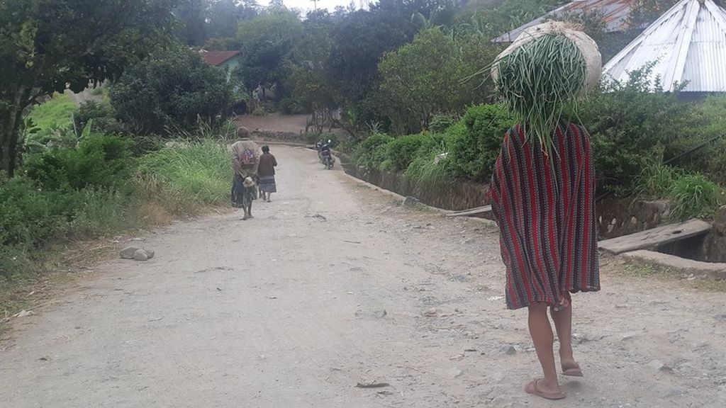 Kondisi jalan antara Fatumnasi, Lilana hingga Taneotob, Kabupaten Timor Tengah Selatan, Nusa Tenggara Timor, Minggu (25/6/2023).