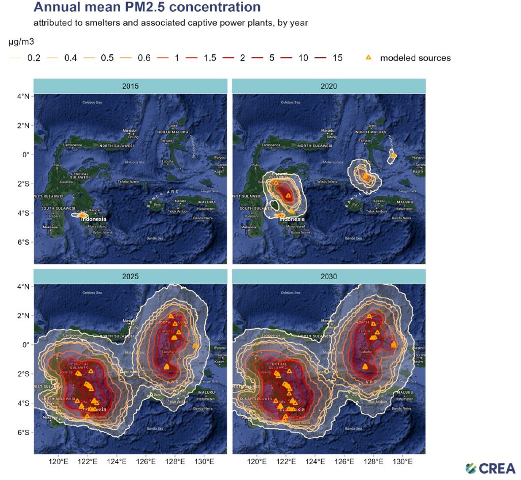 Analisis konsentrasi polutan PM 2.5 tahunan di wilayah Sulawesi Tengah, Sulawesi Tenggara, dan Maluku Utara, sejak 2020 hingga 2024. Gambar juga menunjukkan potensi sebaran polutan hingga 2030.