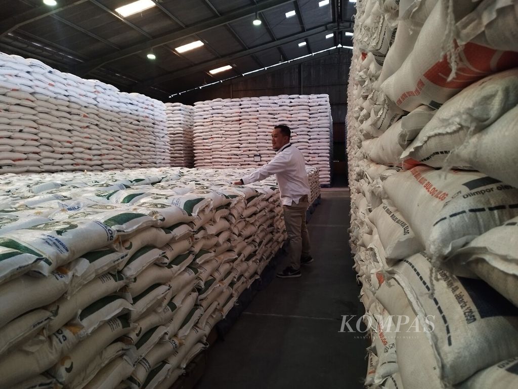 Petugas Bulog tengah mengecek stok beras yang disimpan di Gudang Bulog DKI Jakarta dan Banten, Jakarta Utara. Senin (11/9/2023).