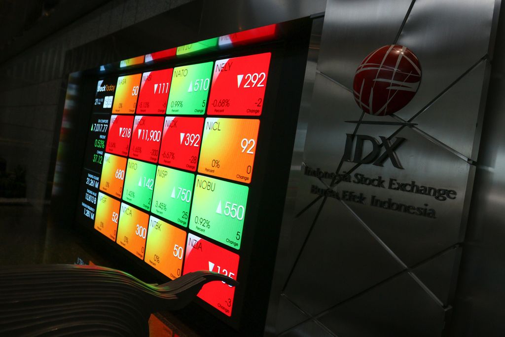 Pergerakan indeks saham pada layar elektronik di lobi Gedung Bursa Efek Indonesia, Jakarta, Jumat (21/10/2022). 