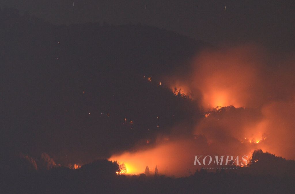 Beberapa titik api yang membakar kawasan hutan lereng Gunung Lawu yang tampak dari kawasan Candi Cetho, Kecamatan Jenawi, Kabupaten Karanganyar, Jawa Tengah, Kamis (5/10/2023). 