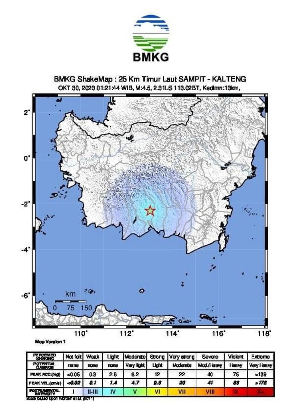 Lokasi pusat gempa dengan Magnitudo 4,5 yang mengguncang Kabupaten Kotawaringin Timur, Kalimantan Tengah, Senin (30/10/2023) dini hari.