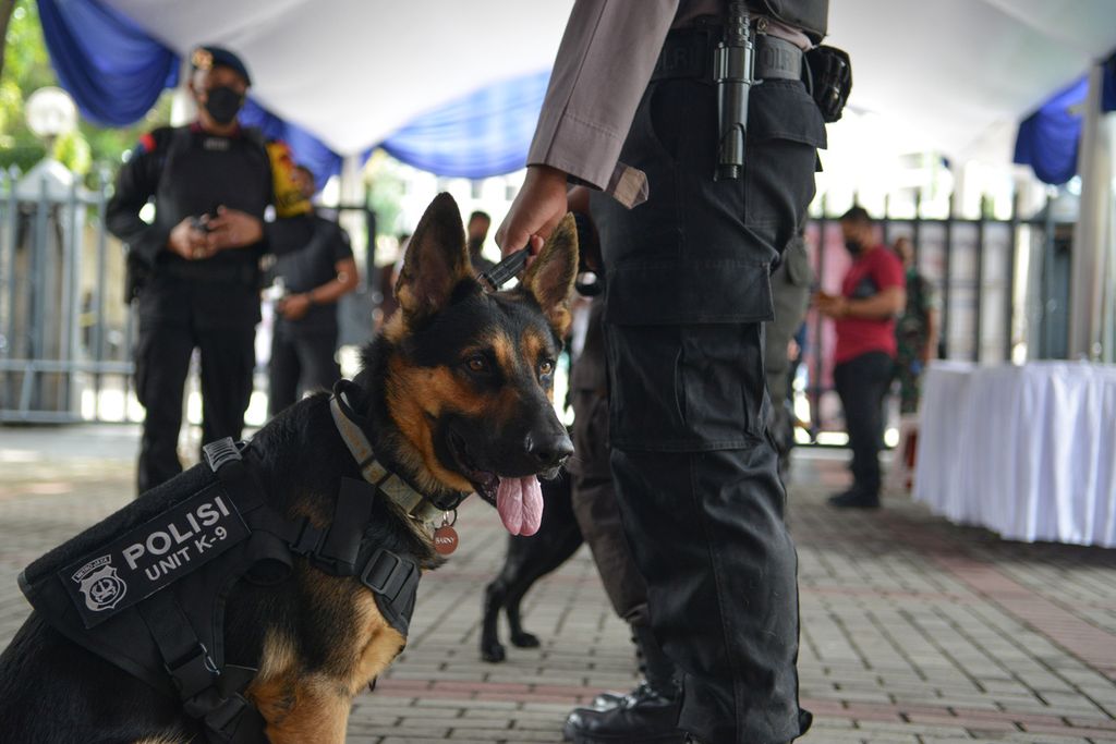Salah satu anjing K9 yang turut membantu polisi melakukan sterilisasi di Gereja Katedral Jakarta atau Gereja Santa Maria Diangkat Ke Surga, Jakarta Pusat, Sabtu (24/12/2022).
