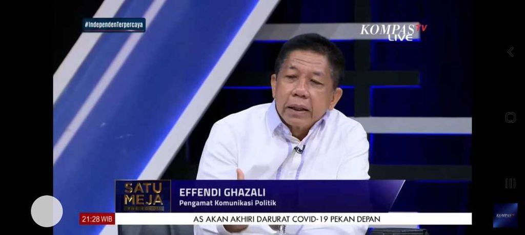 Pengamat komunikasi politik, Effendi Ghazali, pada acara Satu Meja the Forum bertajuk Ribut-ribut Koalisi, Menteri Jokowi Sibuk Sendiri yang disiarkan Kompas TV, Rabu (3/5/2023) malam.
