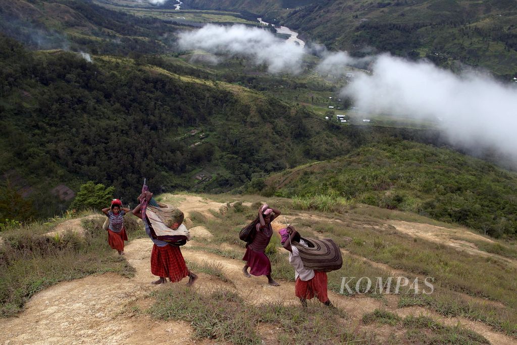 Sejumlah perempuan melewati bukit terjal di Distrik Kurima, Kabupaten Yahukimo, Papua, pada Mei 2012.