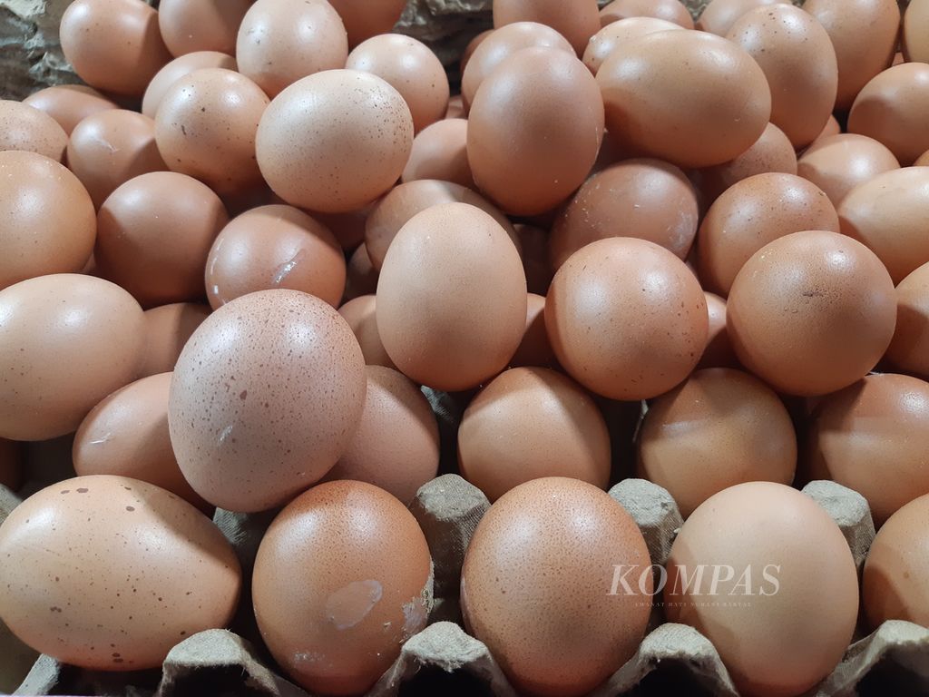 Telur ayam yang dijual di salah satu kios di Inpres Blok II Pasar Raya Padang, Padang, Sumatera Barat, Kamis (8/12/2022). 