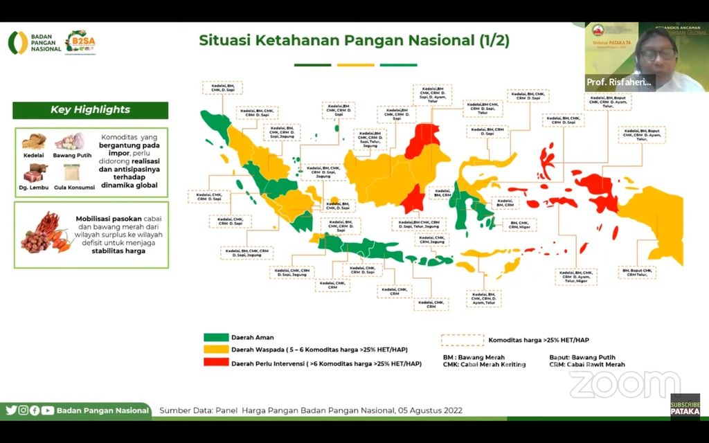 Tangkapan layar Pelaksana Tugas Deputi Bidang Ketersediaan dan Stabilisasi Pangan Badan Pangan Nasional (NFA) Risfaheri yang menjelaskan mengenai ketahanan pangan nasional dalam webinar "Menangkis Ancaman Krisis Pangan Global" yang digelar Pusat Kajian Pertanian Pangan dan Advokasi (Pataka) di Jakarta. Selasa (9/8/2022).