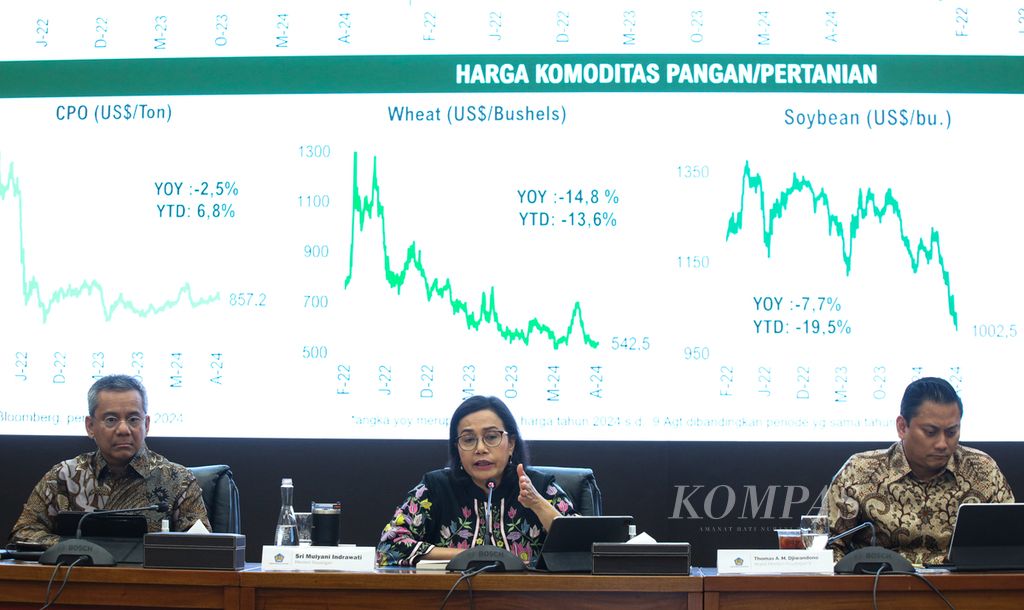 Menteri Keuangan Sri Mulyani (tengah) didampingi oleh Wakil Menteri Keuangan Suahasil Nazara (kiri) dan Thomas Djiwandono dalam konferensi pers APBN Kita edisi Agustus 2024 di Jakarta, Selasa (13/8/2024). 