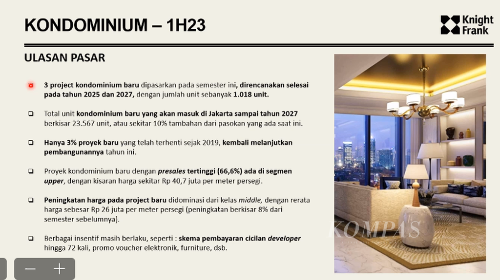 Tangkapan layar ulasan pasar kondominium pada semester I-2023 di Jakarta berdasarkan analisis Knight Frank Indonesia yang dibahas secara daring, Kamis (24/8/2023). Kondisi penjualan sektor kondominium masih menantang karena stok yang masih banyak diikuti serapan yang belum membaik. 