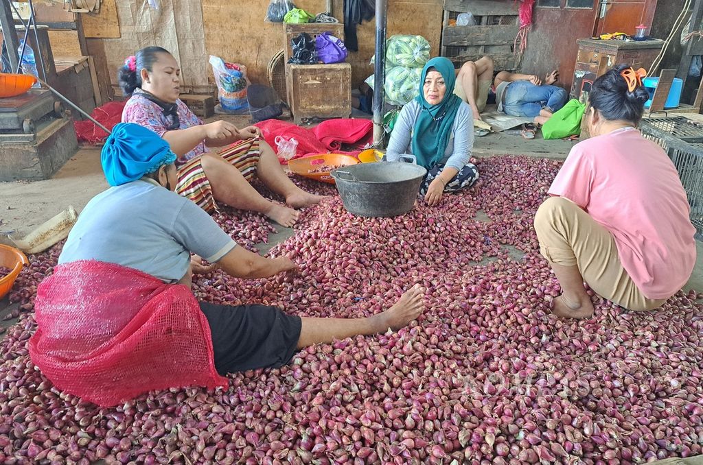 Warga menyortir bawang merah di Pasar Induk Kramat Jati, Jakarta Timur, Jakarta, Selasa (26/12/2023). Harga bawang di pasar induk ini naik dari Rp 35.000 per kg sebelum Natal menjadi Rp 40.000 per kg.