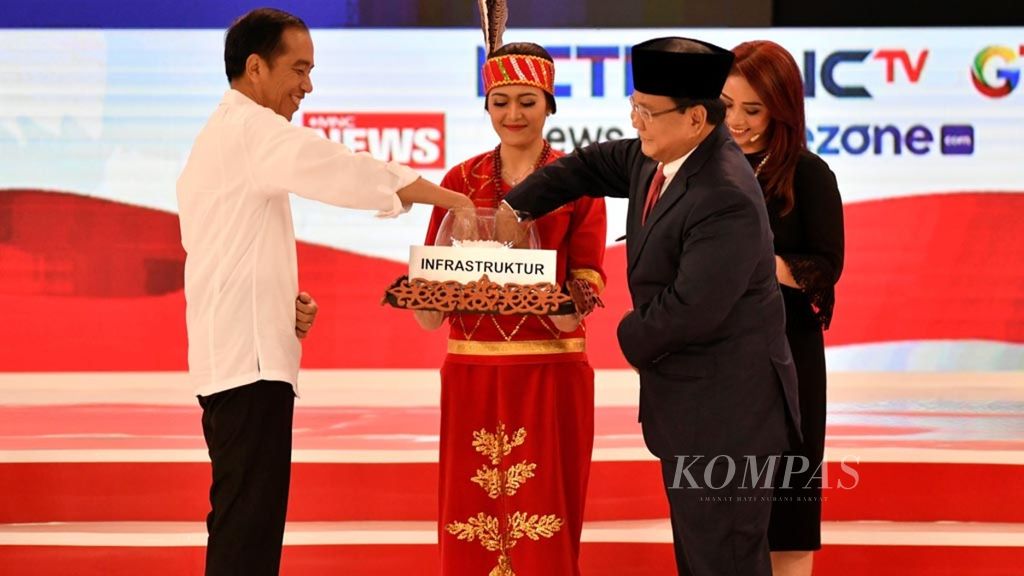 Calon presiden nomor 1, Joko Widodo, dan calon presiden nomor 2, Prabowo Subianto, mengambil daftar pertanyaan dalam debat kedua calon presiden Pemilu 2019 di Jakarta, Minggu (17/2/2019).