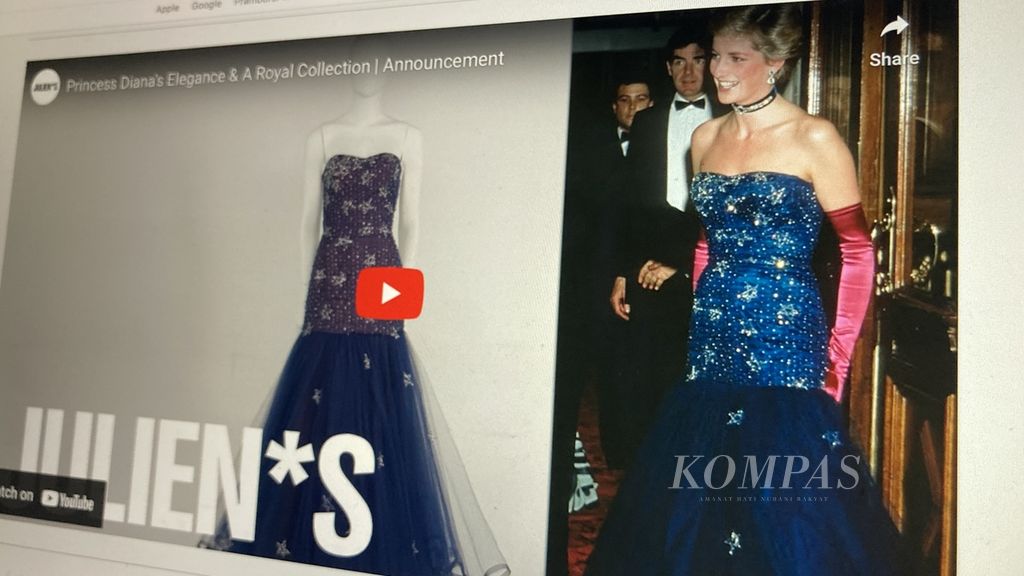 The Julien's Auctions page displays videos and photos of Princess Diana wearing the Diamante Star dress by British designer Murray Arbeid. Princess Diana wore this dress several times, including when attending the musical <i>The Phantom of the Opera</i> in 1986. The value of the dress is estimated at 200,000-400,000 US dollars or Rp. 3.2 billion-Rp. 6.4 billion. This dress is one of Princess Diana's outfits that will be exhibited in Hong Kong and Ireland, then auctioned online by the Julien's Auction auction house in June 2024. This illustrative photo was taken on Monday (15/4/2024).
