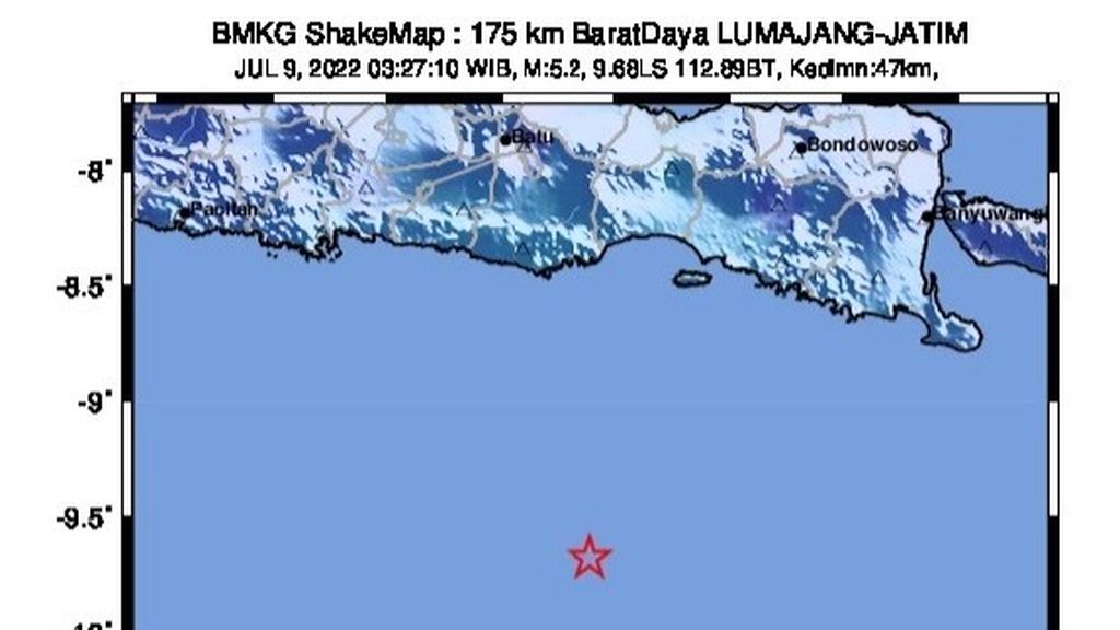 Posisi sumber gempa M 5,4 (dimutakhirkan 5,2) di barat daya Lumajang, Jawa Timur, Sabtu (9/7/2022).