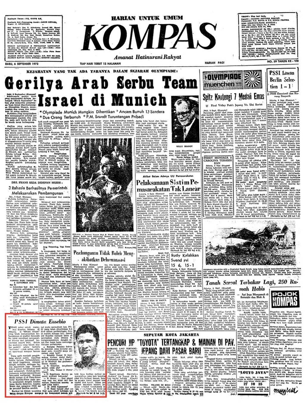 Halaman utama "Kompas", Rabu, 6 September 1972, yang memuat wawancara dengan bintang sepak bola asal Portugal, Eusebio, dengan judul "PSSI di mata Eusebio".