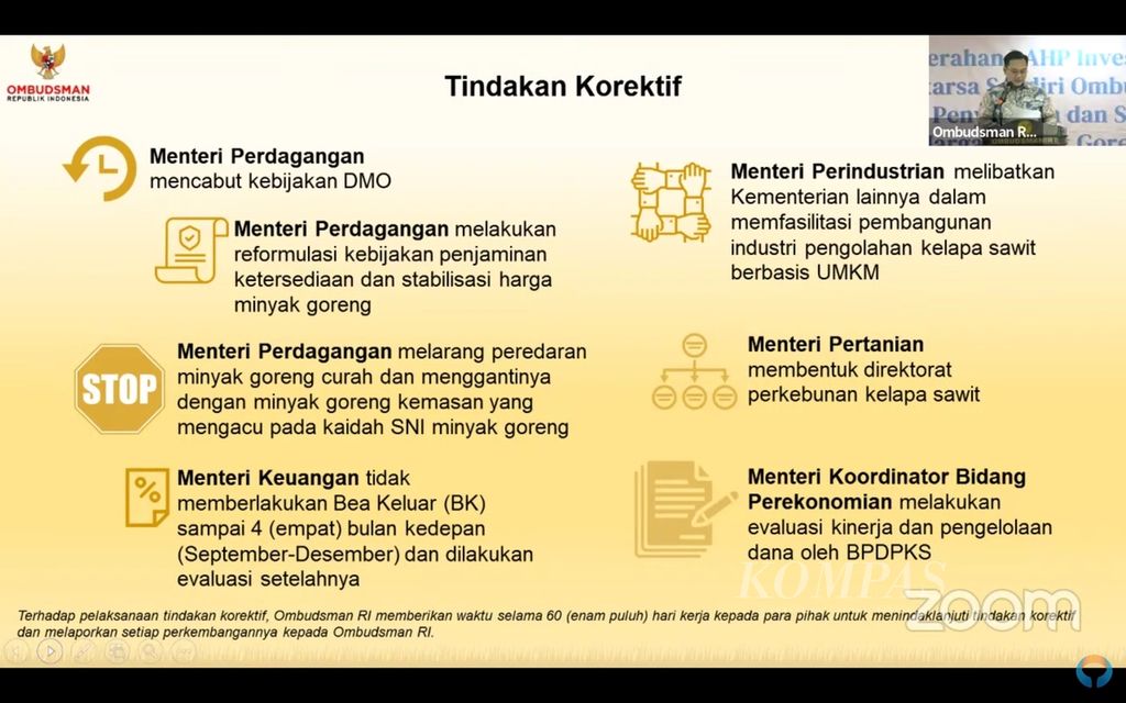 Tangkapan layar anggota Ombudsman RI, Yeka Hendra Fatika, saat menjelaskan tindakan korektif yang diminta Ombudsman kepada kementerian/lembaga dalam acara pemaparan Laporan Hasil Akhir Pemeriksaan (LAHP) Investigasi atas Dugaan Malaadministrasi Penyediaan dan Stabilisasi Harga Minyak Goreng yang digelar secara hibrida di Jakarta, Selasa (13/9/2022).