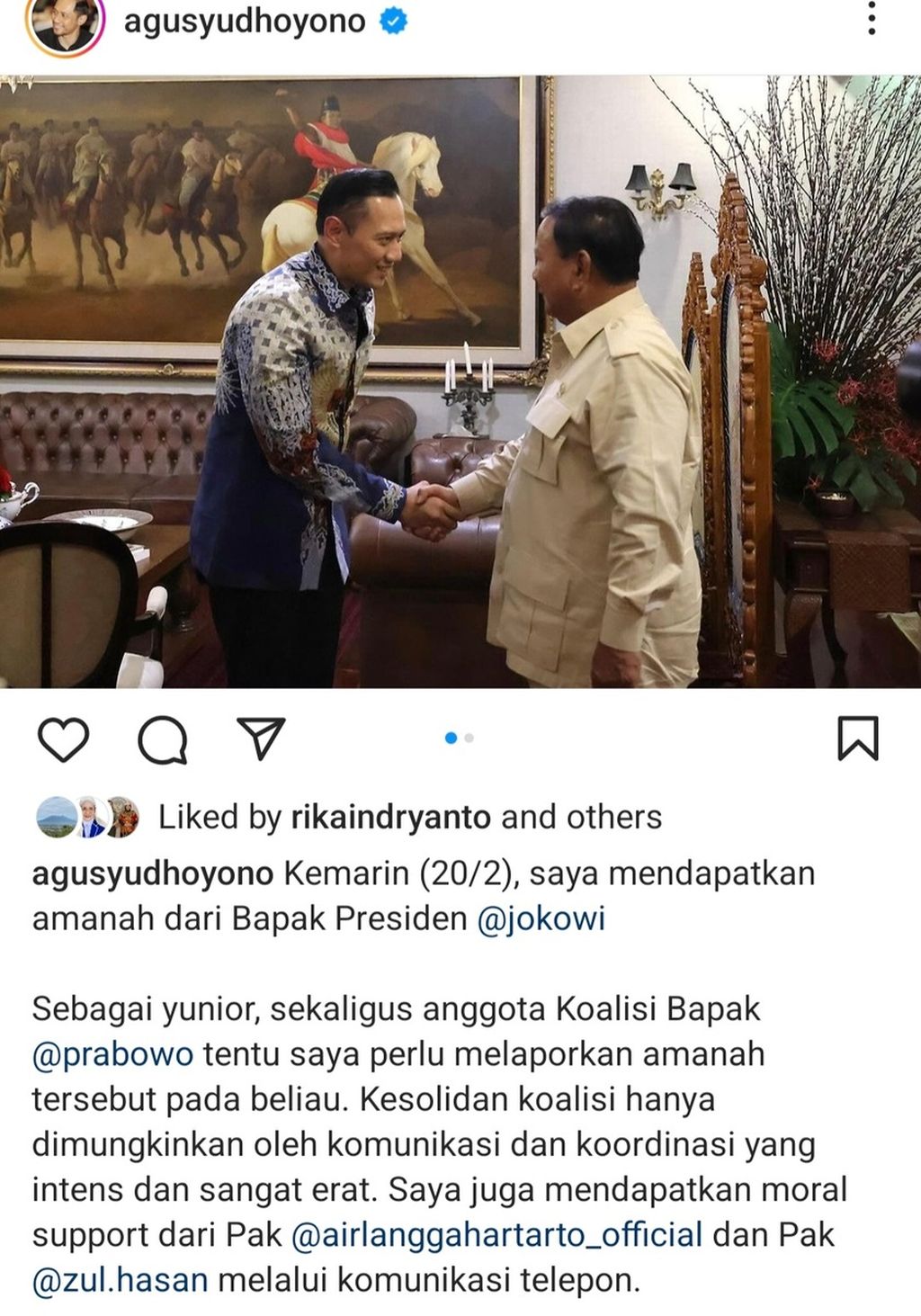 Agus Harimurti Yudhoyono menuliskan jabatan yang segera diembannya di Kabinet Indonesia Bersatu. Unggahan muncul, Rabu (21/2/2024) pagi, sebelum pelantikan pukul 11.00.