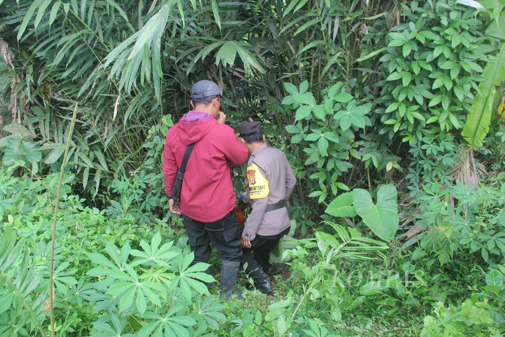 Petugas berjalan masuk ke Sungai Bedog di Dusun Kelor, Desa Bangunkerto, Kecamatan Turi, Kabupaten Sleman, Daerah Istimewa Yogyakarta, Kamis (13/7/2023), untuk melanjutkan pencarian potongan tubuh manusia. 
