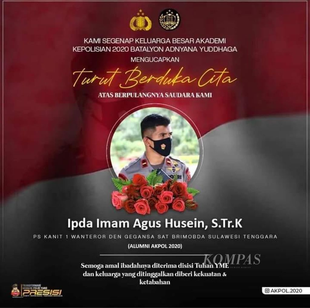 Ipda Imam Agus Husein, perwira di Brimob Polda Sultra, meninggal setelah mengalami kecelakaan dalam pengamanan aksi di Kendari, Senin (4/11/2022).