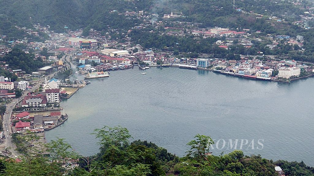 Pemandangan pusat Kota Jayapura dari bukit di daerah Polimak, Distrik Jayapura Selatan, Sabtu (30/5/2015). Jayapura yang dijuluki ”Port Numbay” merupakan pusat pemerintahan Provinsi Papua.