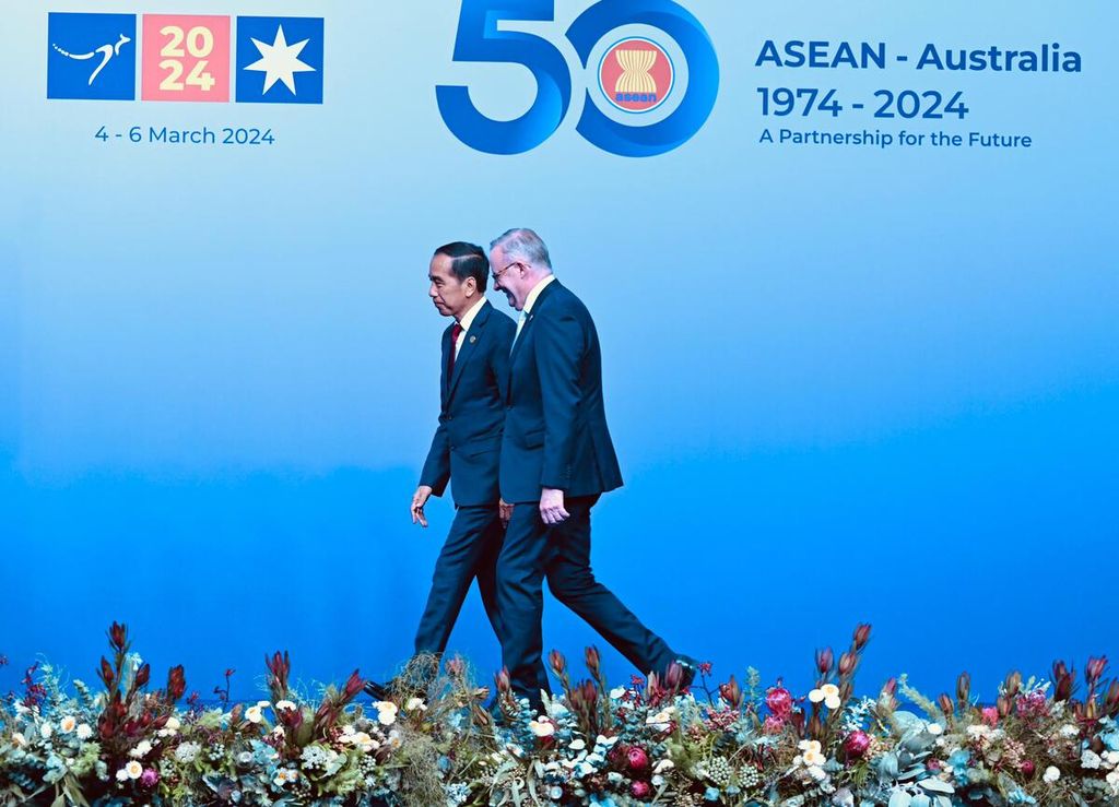Presiden Joko Widodo menghadiri resepsi yang digelar Perdana Menteri (PM) Australia Anthony Albanese dalam rangka Konferensi Tingkat Tinggi (KTT) Khusus ASEAN-Australia di Melbourne Convention and Exhibition Center (MCEC), Melbourne, Australia pada Selasa (5/3/2024).
