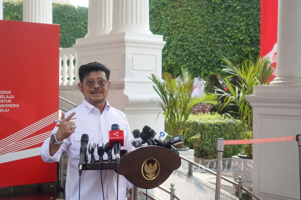 Menteri Pertanian Syahrul Yasin Limpo saat memberikan keterangan pers di Kompleks Istana Kepresidenan Jakarta, Rabu (2/8/2023).