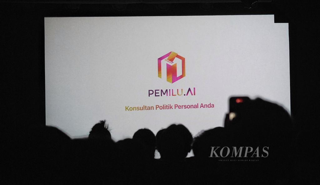 Logo Pemilu.AI yang ditampilkan kepada para hadirin saat Peluncuran Pemilu.AI di Djakarta Theatre, Jakarta, Kamis (20/7/2023). 