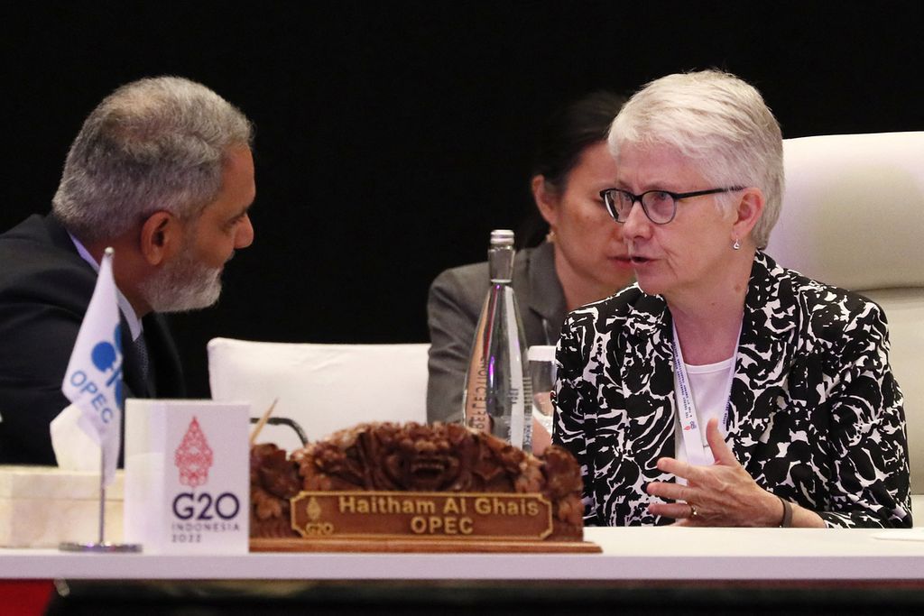 Sekretaris Jenderal OPEC Haitham Al Ghais (kiri) berbincang-bincang dengan Deputi Sekjen OECD Kerri Ann Jones dalam pertemuan tingkat menteri Transisi Energi G20, di Nusa Dua, Bali, Indonesia, 2 September 2022. 