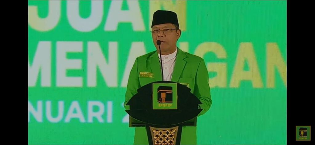 Tangkapan layar Pelaksana Tugas (Plt) Ketua Umum Partai Persatuan Pembangunan Muhammad Mardiono saat memberikan sambutan dalam acara puncak perayaan Hari Lahir Ke-50 PPP di ICE BSD, Tangerang, Jumat (17/2/2023).