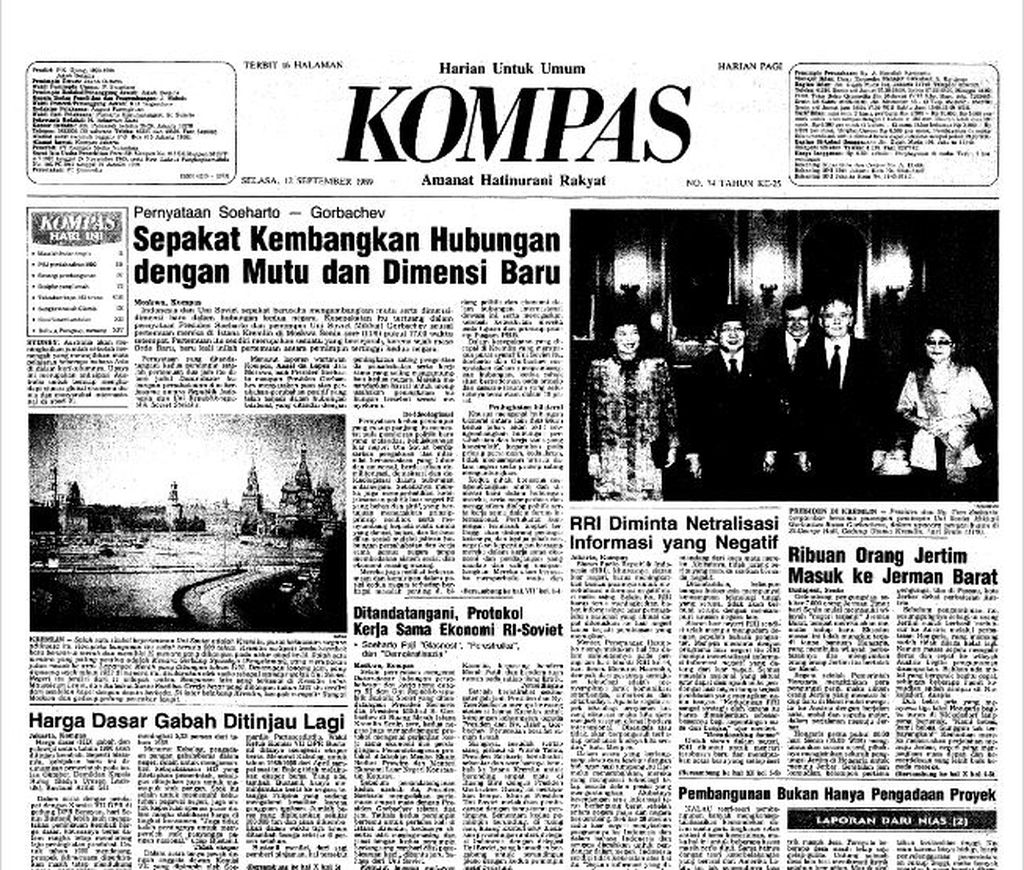 Pertemuan antara Presiden Soeharto dan Presiden Uni Soviet Mikhail Gorbachev di Moskwa menjadi berita utama harian <i>Kompas</i> edisi 12 September 1989.