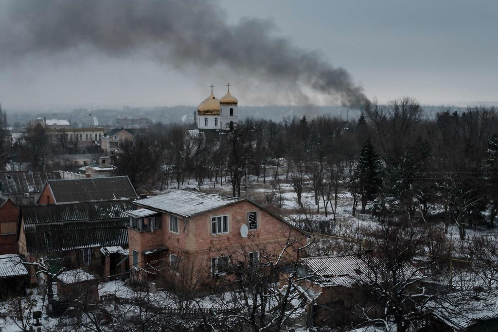 Suasana kota Bakhmut, Ukraina, pada 3 Februari 2023. Rusia, melalui kelompok tentara bayaran Wagner, mengklaim telah menguasai seluruh kota Bakhmut sejak 20 Mei 2023. 